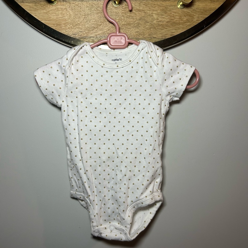 6 For $10 Carter's White and Gold Polka Dot Baby Onesie
